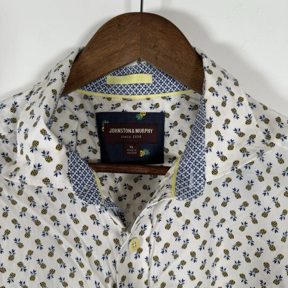 Johnston & Murphy Men's Button Down Shirt Short‎ Sleeve Pineapple Size XL White